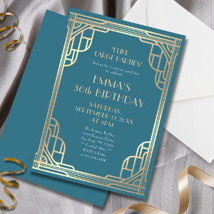 Invitation Style Turquoise Blue Gold Gatsby 30e fête d'annive
