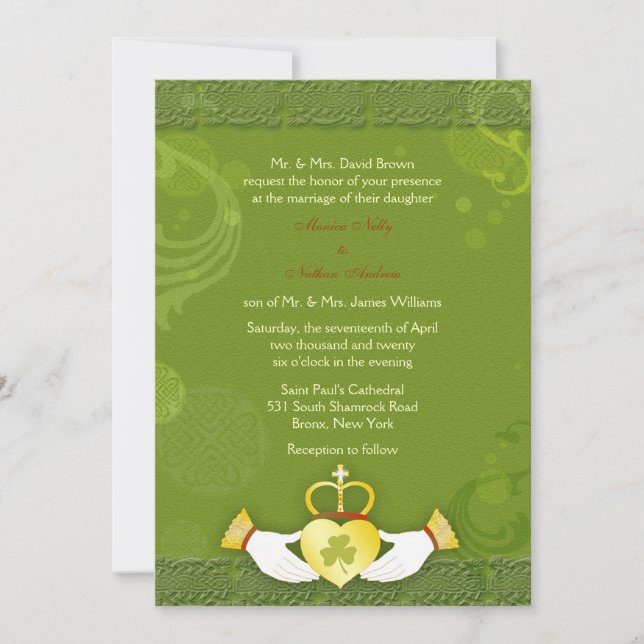 Invitation Style Vert & Or Rustique Mariage irlandais (Devant)