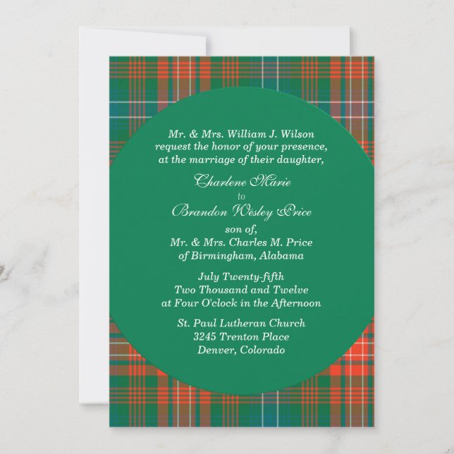 Invitation Style Wilson Orange & Green Plaid Mariage (Devant)