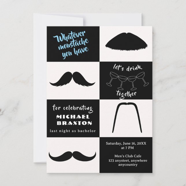 Invitation Styles de moustache noir et blanc pour enterrement (Devant)