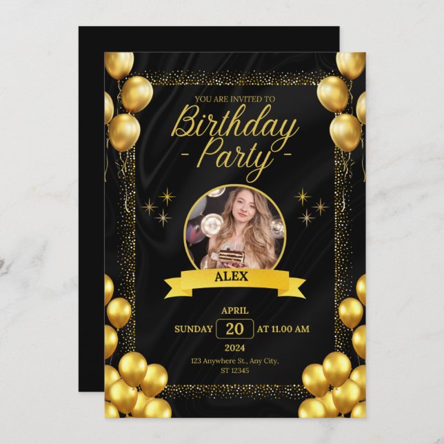 Invitation Styles tendance Black and Gold Anniversaire (Devant / Derrière)
