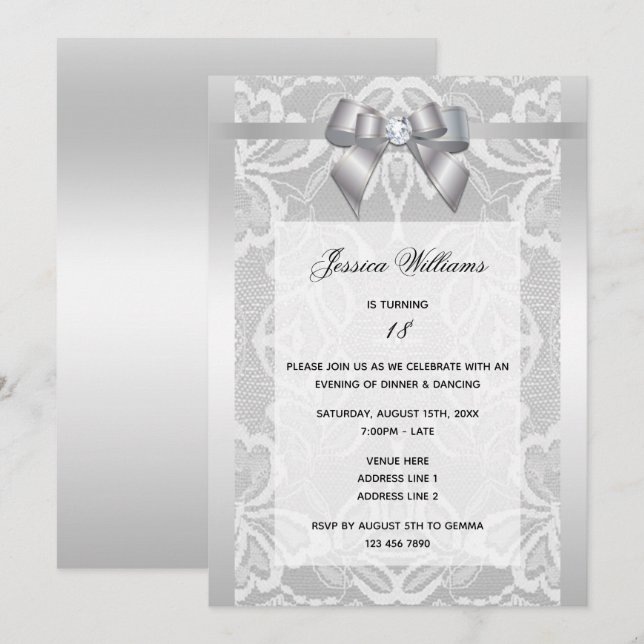 Invitation Stylisé Anniversaire Ruban Argenté & Dentelle (Devant / Derrière)