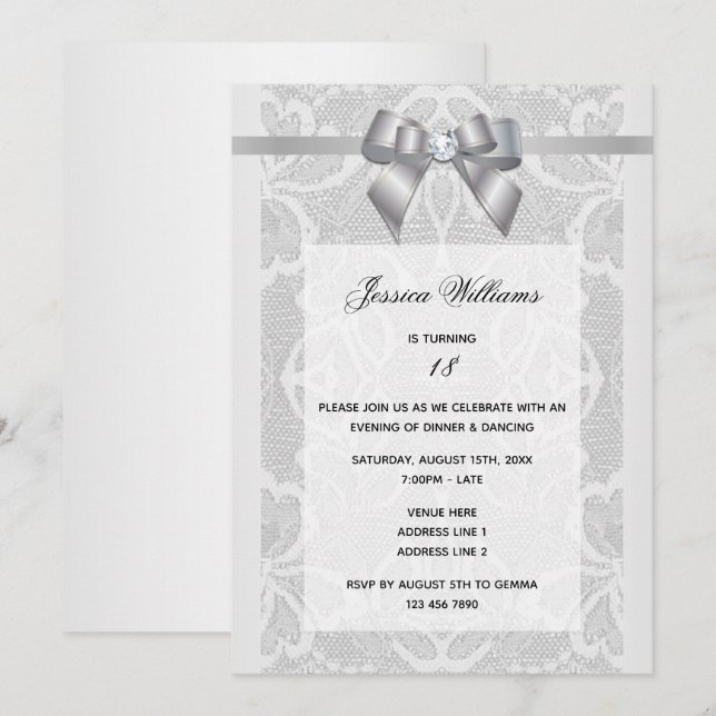 Invitation Stylisé Anniversaire Ruban Argenté & Dentelle (Devant / Derrière)