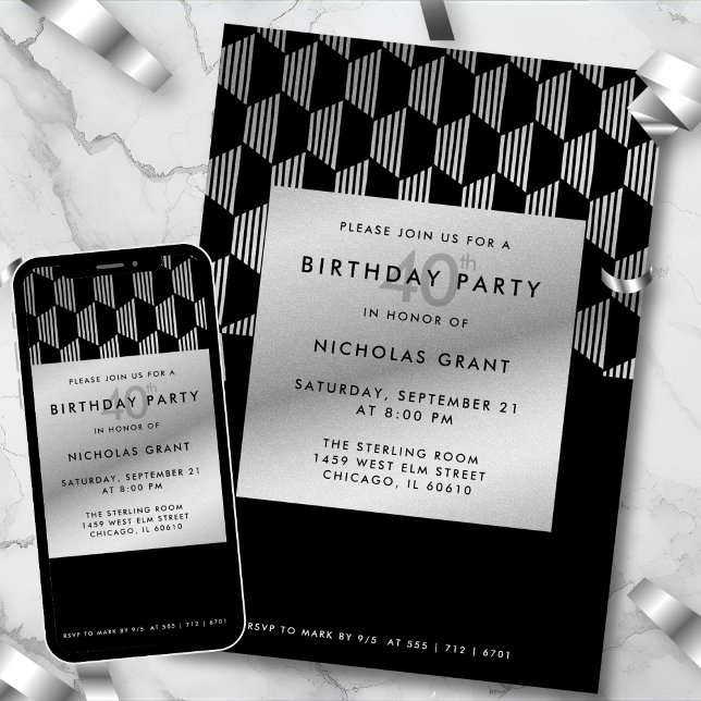 Invitation Stylish 40th Birthday Faux Silver Foil Black (Créateur téléchargé)