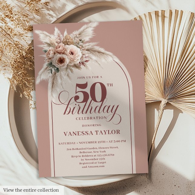 Invitation Stylish Arch Pastel Pink Pampas Floral 50 Birthday (Stylish Arch Pastel Pink Pampas Floral 50th Birthday)