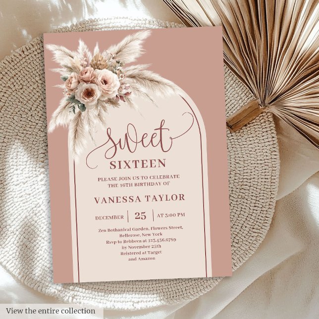 Invitation Stylish Arch Powder Pink Pampas Floral Boho 16th (Stylish Arch Powder Pink Pampas Floral Boho Sixteen

)