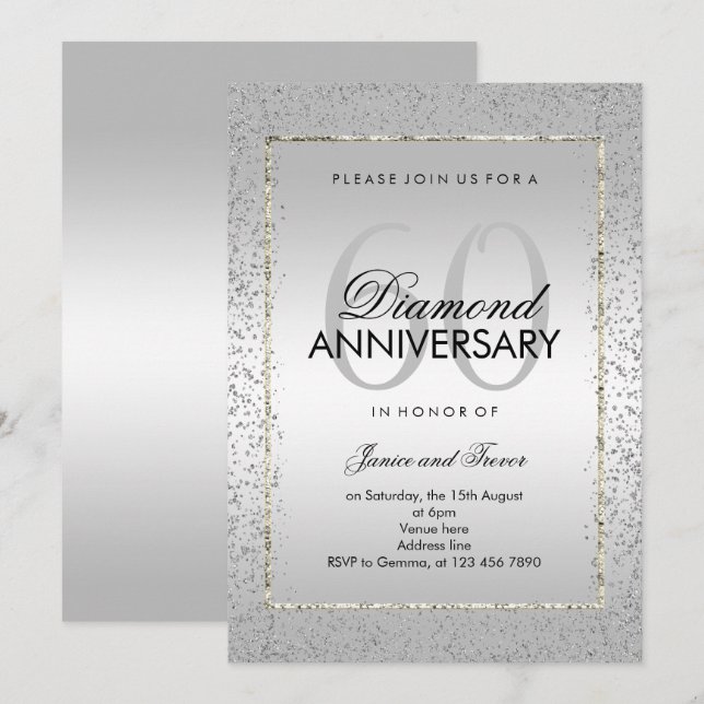 Invitation Stylish Argent Confetti 60e Mariage Diamant (Devant / Derrière)