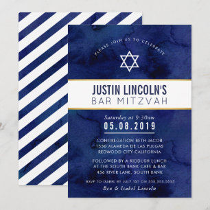 Invitation STYLISH BAR MITZVAH classe minimaliste marine bleu
