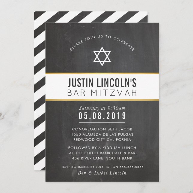 Invitation STYLISH BAR MITZVAH minimum gris tableau noir or (Devant / Derrière)
