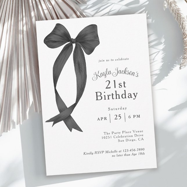 Invitation Stylish Black Coquette Bow 21st Birthday Party (Invitation may be ordered in both printed and instant download digital formats.)