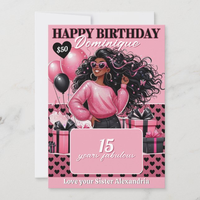 Invitation Stylish Black Teen Girl Birthday Gift Card Holder (Devant)