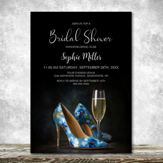 Invitation Stylish Blue Floral Stiletto Shoes Bridal Shower (Créateur téléchargé)