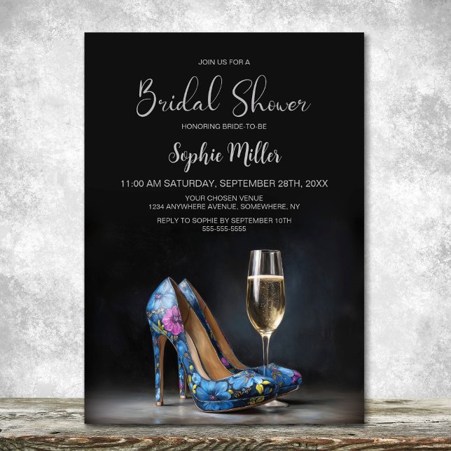 Invitation Stylish Blue Floral Stiletto Shoes Bridal Shower (Créateur téléchargé)