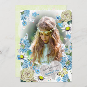 Invitation Stylish Blue & green First Holy Communion Floral