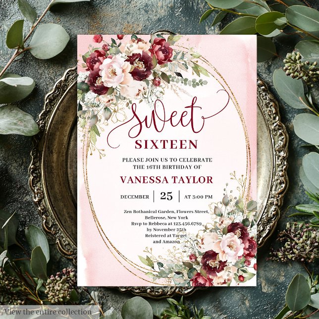Invitation Stylish Blush Burgundy Floral Sweet Sixteen Invite (Stylish Blush Burgundy Floral Sweet Sixteen Invite

)