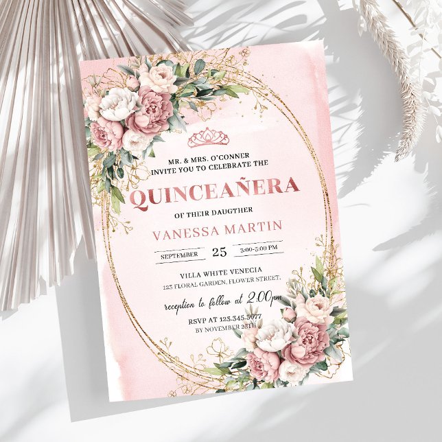 Invitation Stylish Blush Pink Floral Greenery Quinceañera  (Stylish Blush Pink Floral Greenery Quinceañera Invitation

)