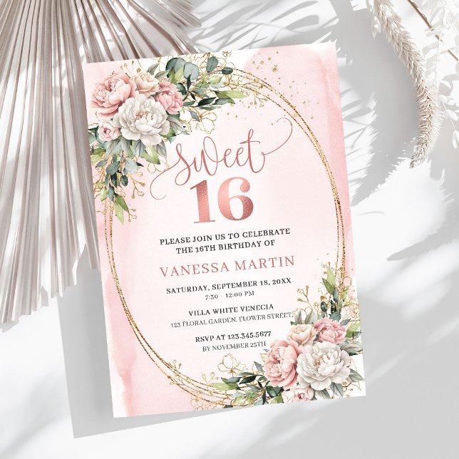 Invitation Stylish Blush Pink Floral Greenery Sweet Sixteen  (Stylish Blush Pink Floral Greenery Sweet Sixteen Invitation

)