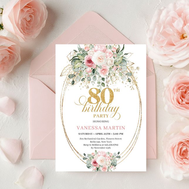 Invitation Stylish Bohemian Blush Floral Minimal 80 Birthday (Stylish Bohemian Blush Floral Minimal 80th Birthday)