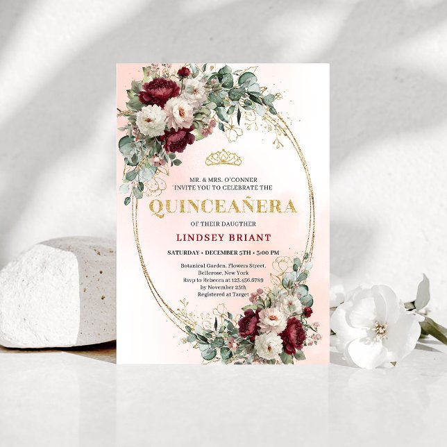 Invitation Stylish Bohemian Maroon Flowers Gold 15th Birthday (Stylish Bohemian Maroon Flowers 15th Birthday Invite)