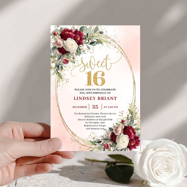 Invitation Stylish Boho Burgundy Blush Gold Floral Sweet 16th (Stylish Boho Burgundy Blush Gold Floral Sweet Sixteen)