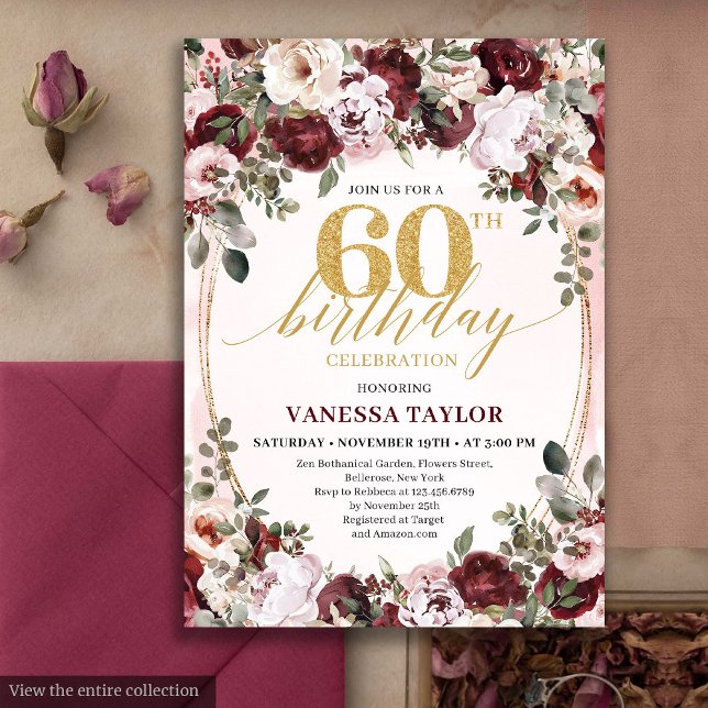Invitation Stylish Boho Burgundy Floral 60th Birthday Invite (Stylish Boho Burgundy Floral 60th Birthday Invite)