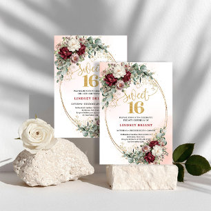 Invitation Stylish Boho Marsala Floral Gold Sweet 16 Annivers