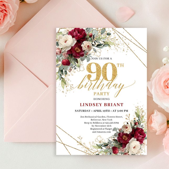 Invitation Stylish Boho Merlot White Gold Roses 90th Birthday (Classic Burgundy White Gold Roses 90th Birthday Card

)