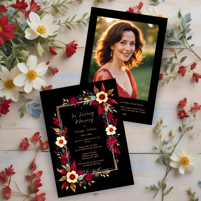 Invitation Stylish Botanical Red Shades Frame Photo Funeral (Stylish Botanical Red Shades Frame Photo Funeral Invitation Card. )