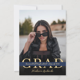Invitation Stylish Chic Navy Blue and Gold Photo Graduation