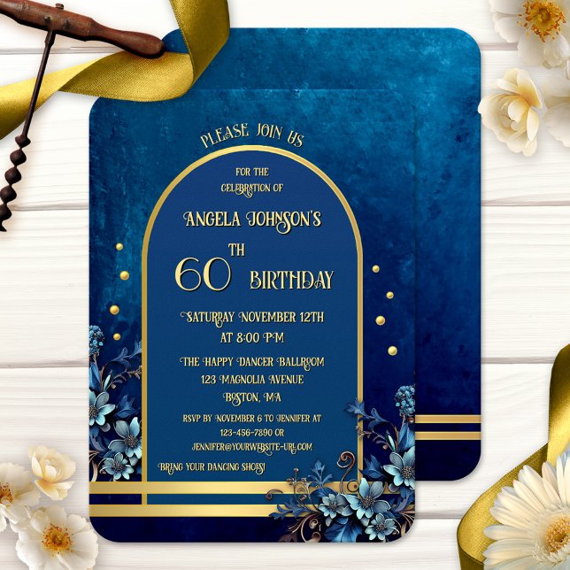 Invitation Stylish Classic Blue Gold Floral Birthday (Adult birthday party invitation featuring a classic blue design with flowers and golden accents)