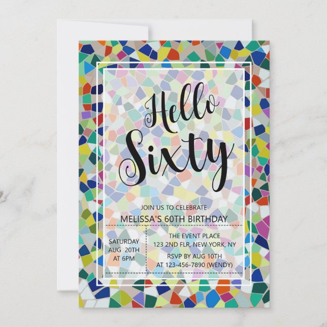 Invitation Stylish Colorful Mosaic Bonjour Soixante 60e anniv (Devant)