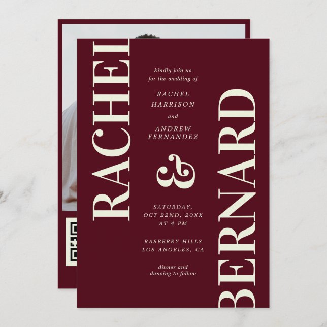 Invitation Stylish Deep Burgundy Typography QR Code Wedding (Devant / Derrière)