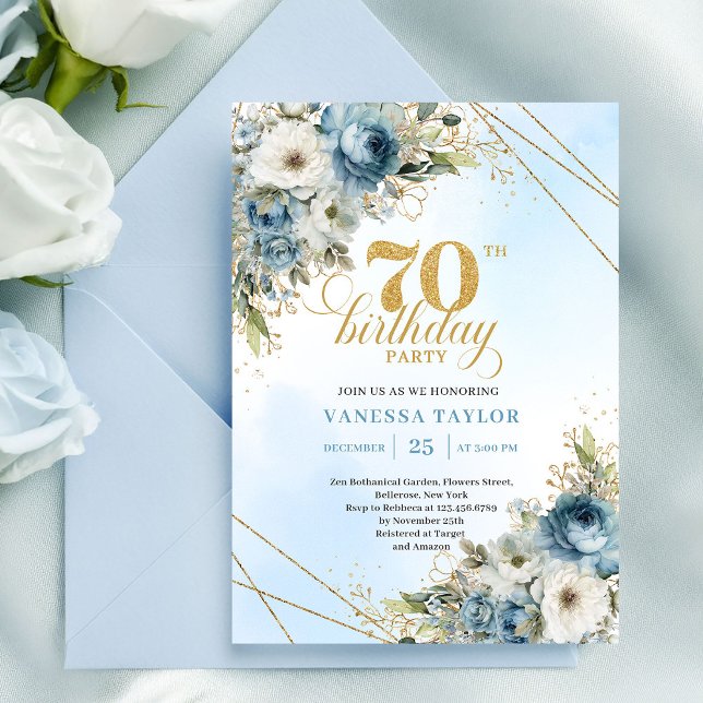 Invitation Stylish dusty blue eucalyptus gold 70th birthday  (Stylish dusty blue eucalyptus gold 70th birthday invite

)