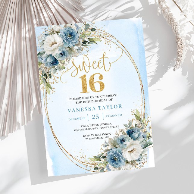 Invitation Stylish Dusty Blue Floral Gold Sweet 16th Invite (Stylish Dusty Blue Floral Gold Sweet 16th Invite)