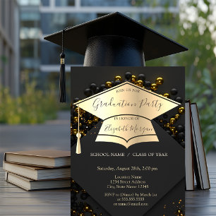 Invitation Stylish Gold Grad Cap,Balloons Black Graduation 