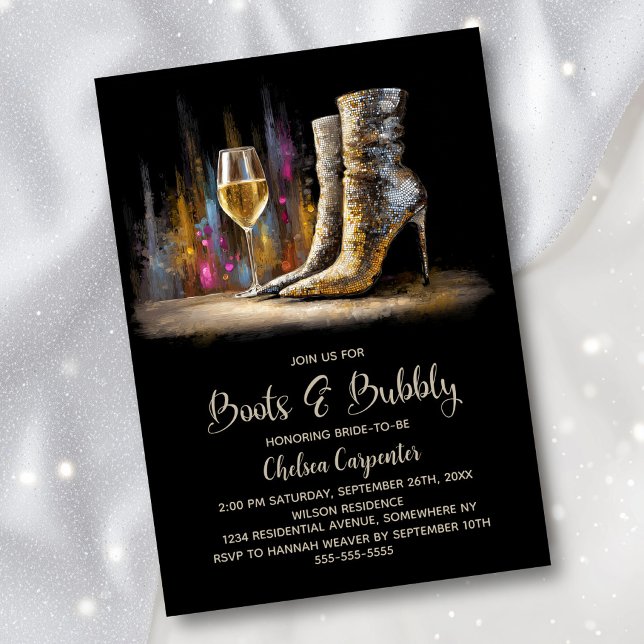 Invitation Stylish Gold Sequin Boots and Bubbly Bridal Shower (Créateur téléchargé)