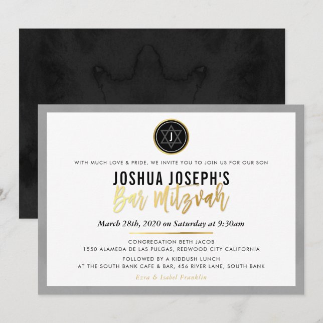 Invitation STYLISH MONOGRAM BAR MITZVAH en or noir script (Devant / Derrière)