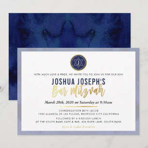 Invitation STYLISH MONOGRAM BAR MITZVAH marine bleu or script