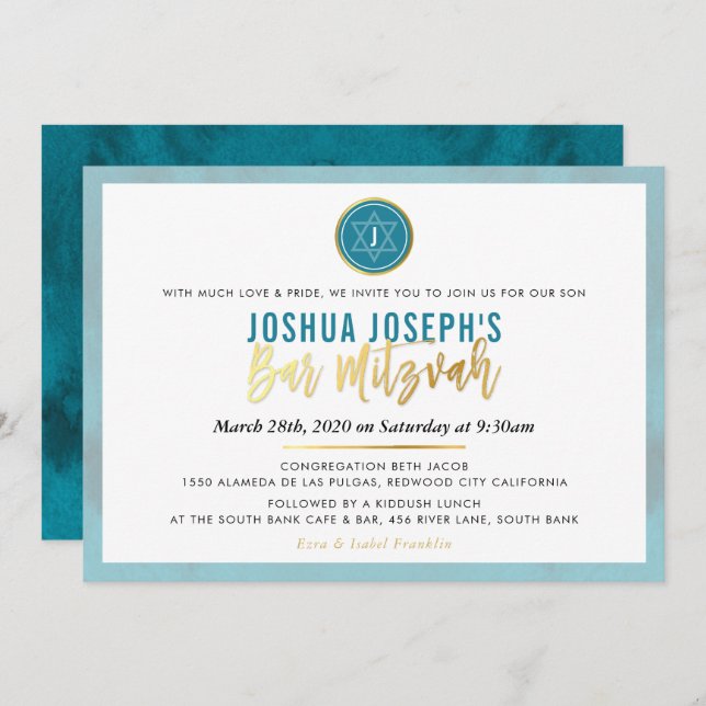 Invitation STYLISH MONOGRAM BAR MITZVAH turquoise en or bleu (Devant / Derrière)