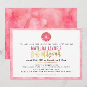 Invitation STYLISH MONOGRAM BAT MITZVAH corail rose or