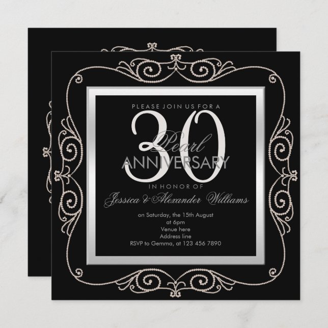 Invitation Stylish Pearl encadré 30e anniversaire de Mariage (Devant / Derrière)