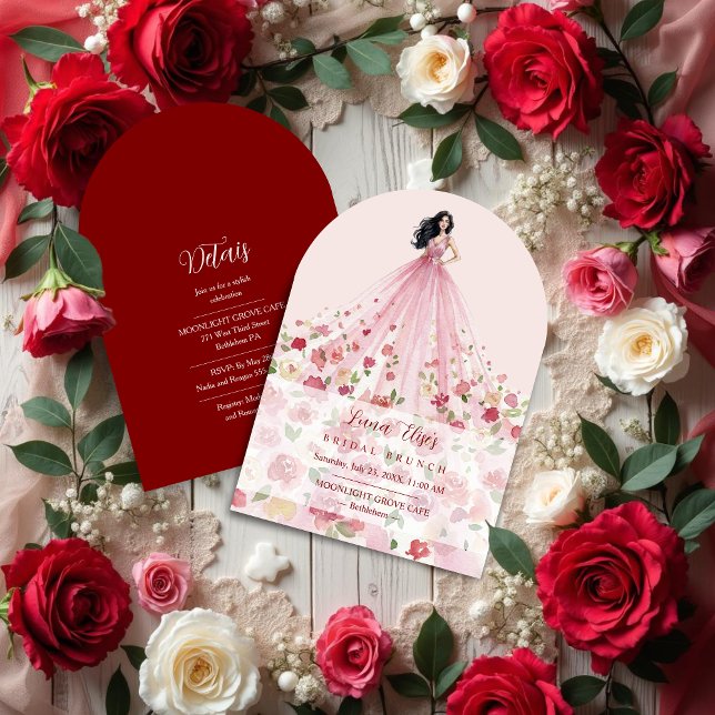 Invitation Stylish Pink Floral Tulle Model Bridal Shower (Stylish Pink Floral Tulle Bridal Shower Invitation Featuring Watercolor Effect Woman Illustration.)