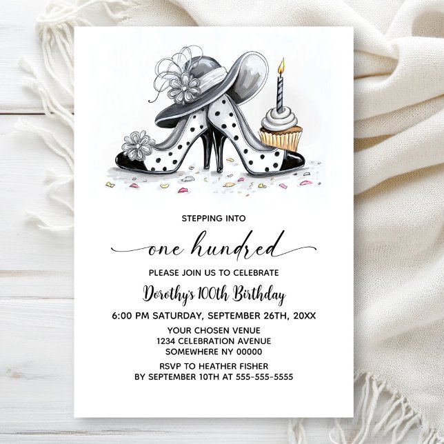 Invitation Stylish Polka Dot High Heel Shoes 100th Birthday (Créateur téléchargé)