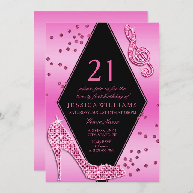 Invitation Stylish Pretty Glitzy rose 21e anniversaire (Devant / Derrière)