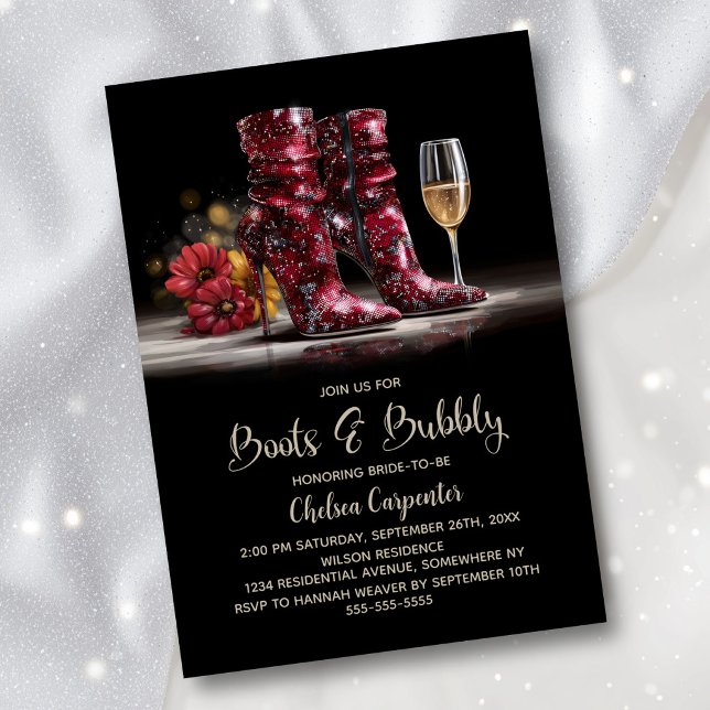 Invitation Stylish Red Sequin Boots and Bubbly Bridal Shower (Créateur téléchargé)
