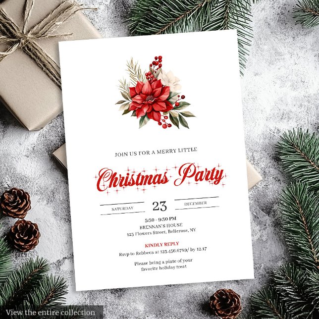 Invitation Stylish Red White Poinsettia Floral Christmas  (Stylish Red White Poinsettia Floral christmas invitation

)