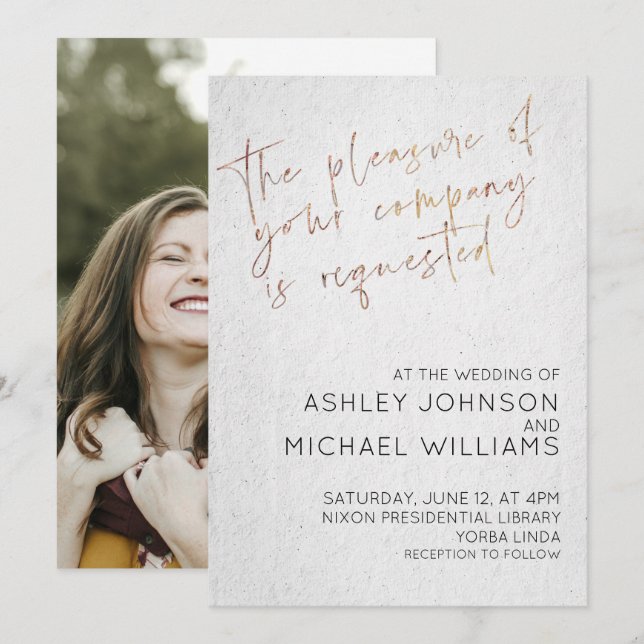 Invitation STYLISH ROSE GOLD SCRIPT Simple Typographie Photo (Devant / Derrière)