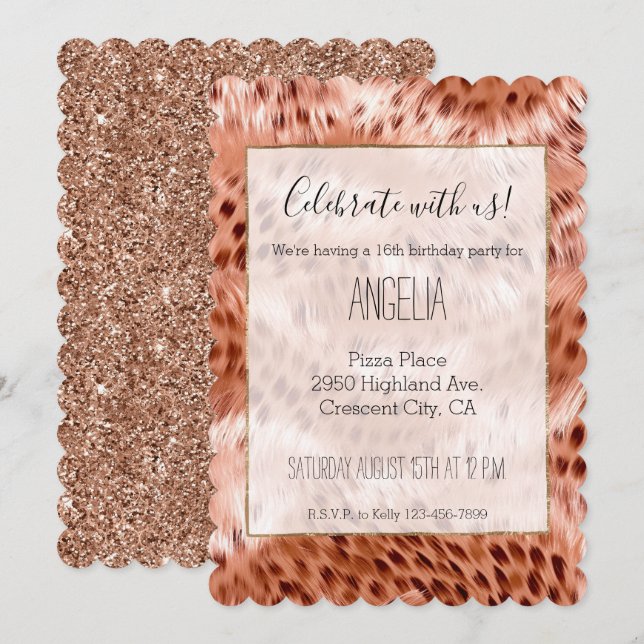 Invitation Stylish Rose rose rose or Leopard Glitz (Devant / Derrière)