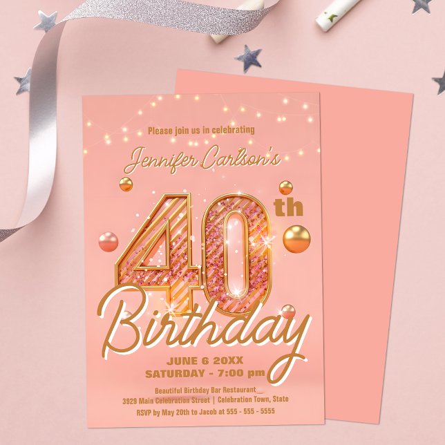 Invitation Stylish Sparkling Soft Pink & Gold 40e anniversair (Créateur téléchargé)