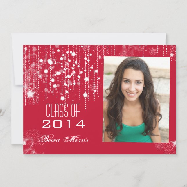 Invitation Stylish Strings of Light Red Photo Graduation 2014 (Devant)